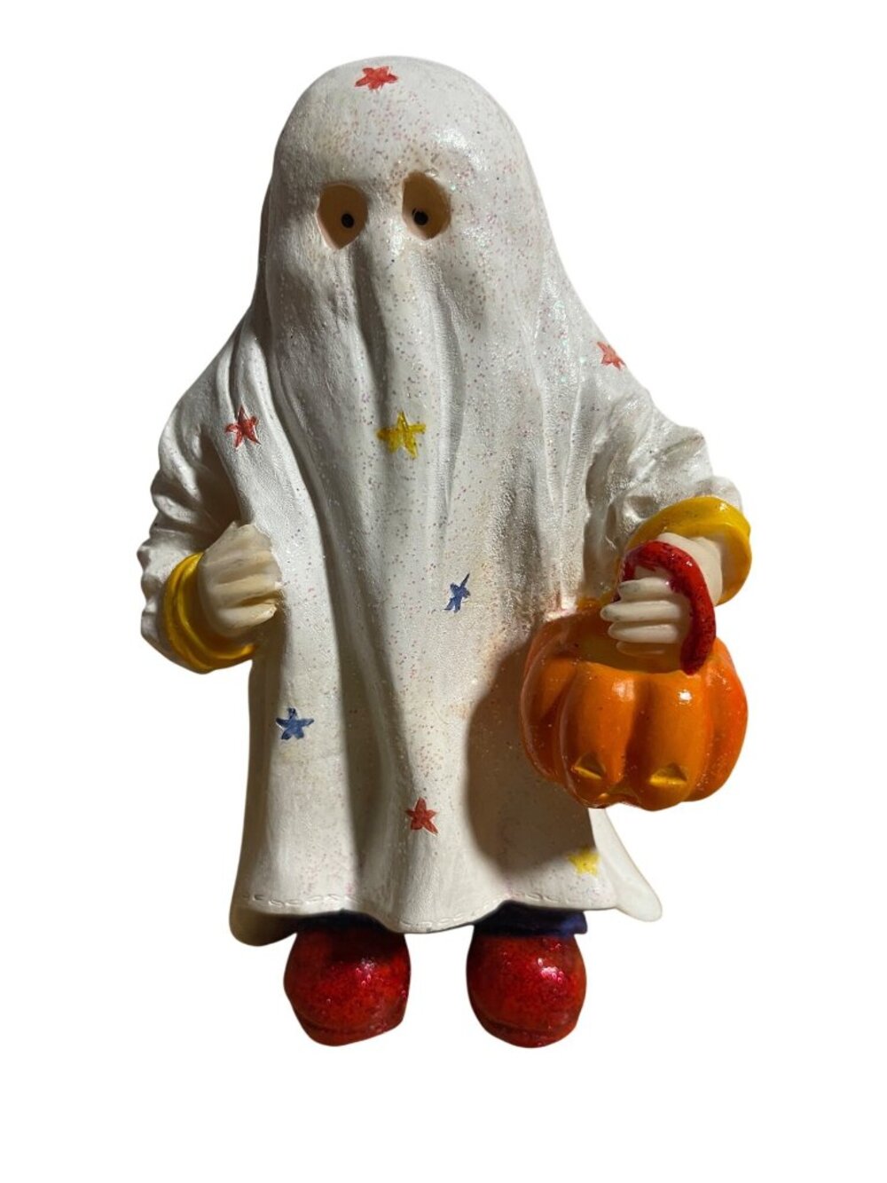 Halloween  Ghost Figurine With Pumpkin Basket Glitter Accents 6x3 Inches Multico